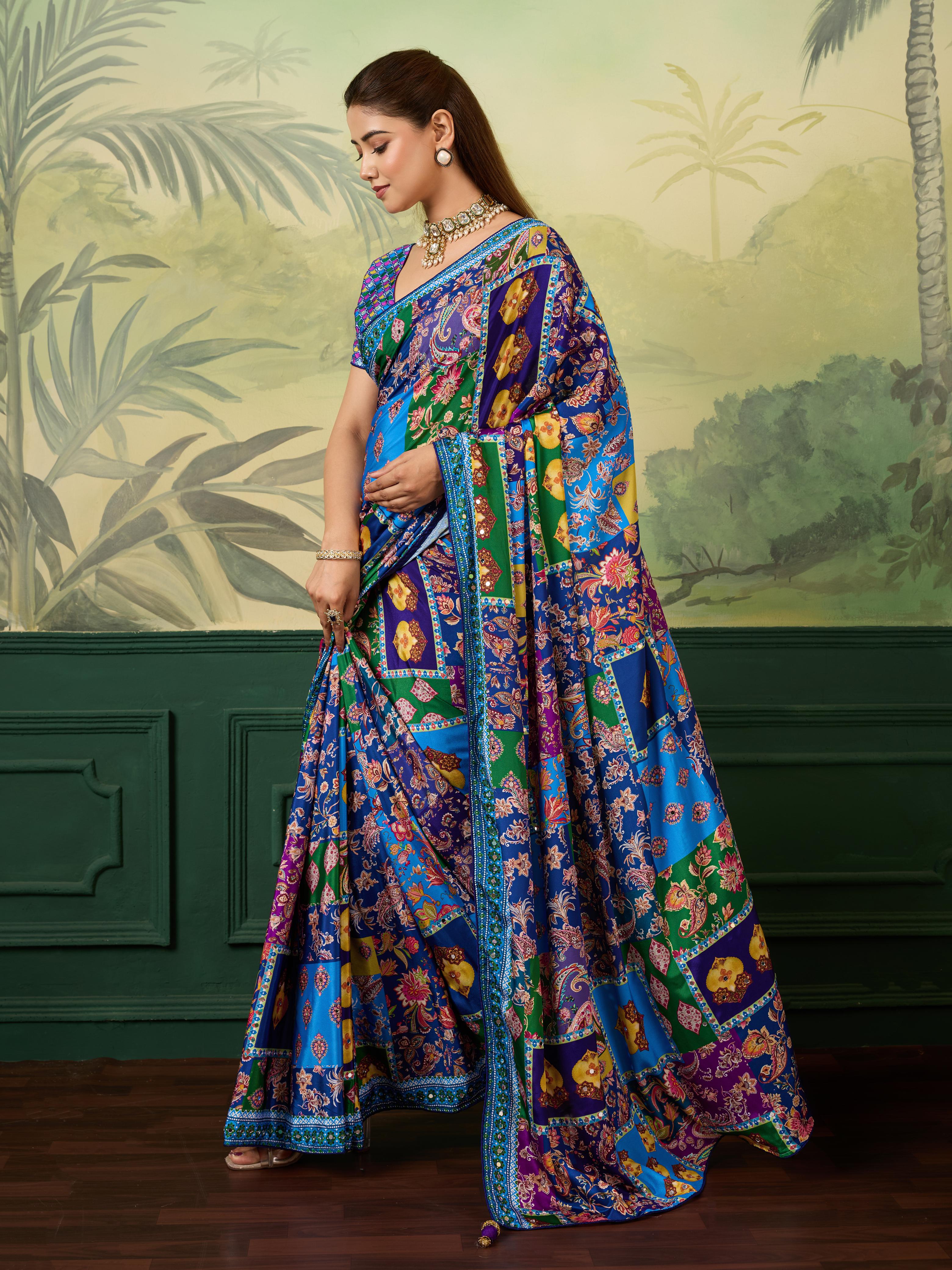 Silk Bollywood Saree with Mirror Work – Multicolor Digital Print Saree with Fancy Blouse