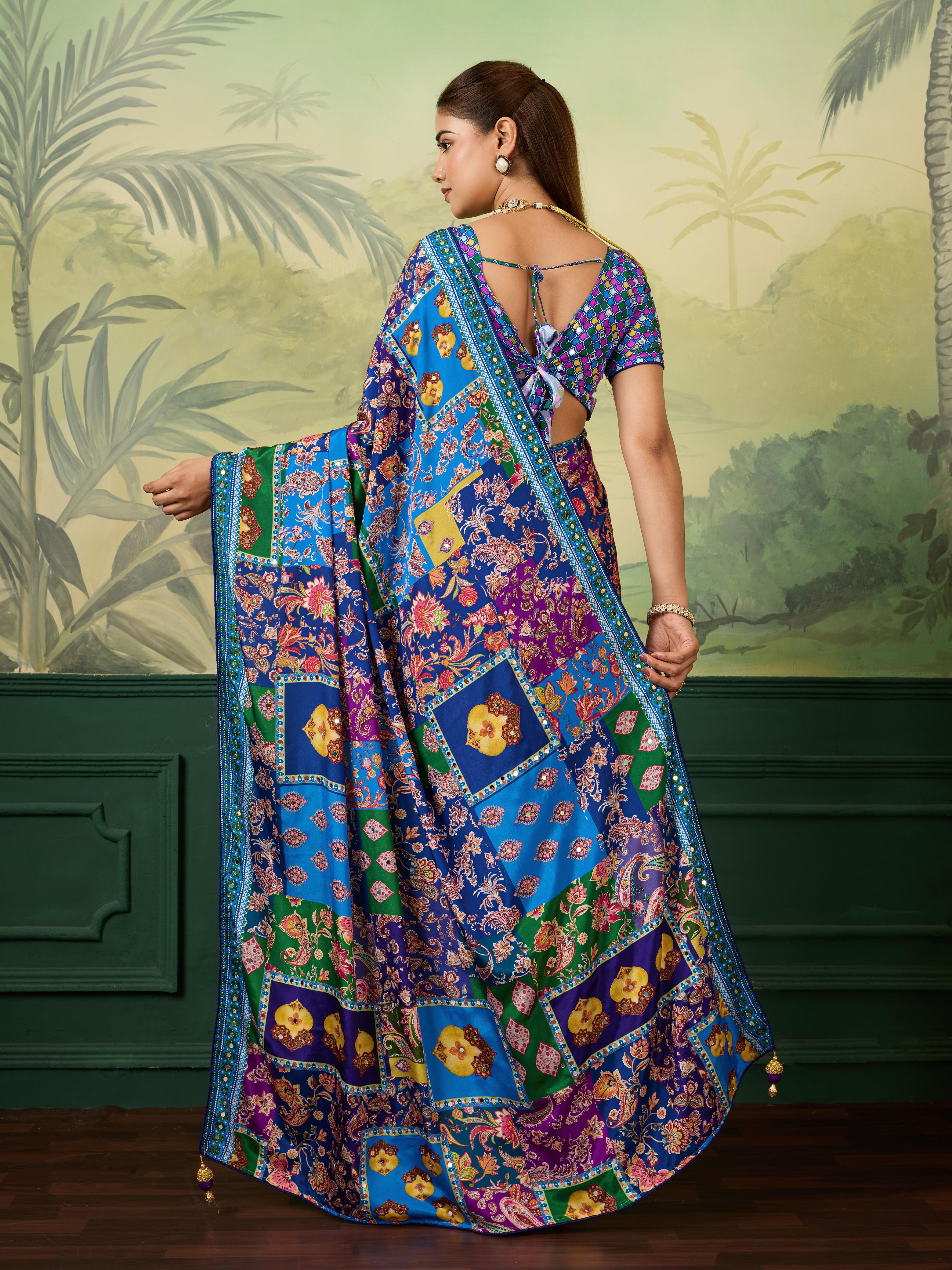 Silk Bollywood Saree with Mirror Work – Multicolor Digital Print Saree with Fancy Blouse