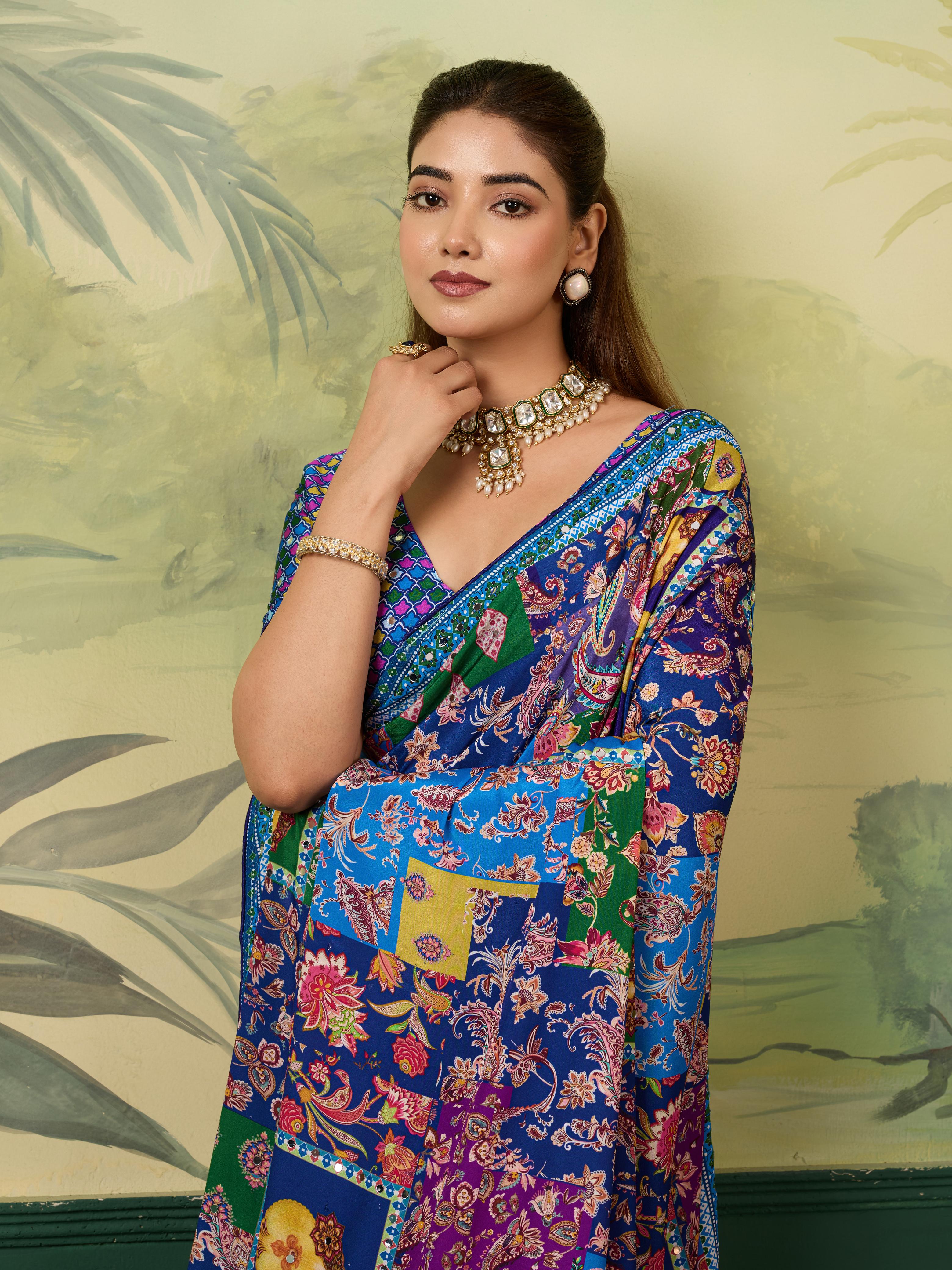 Silk Bollywood Saree with Mirror Work – Multicolor Digital Print Saree with Fancy Blouse