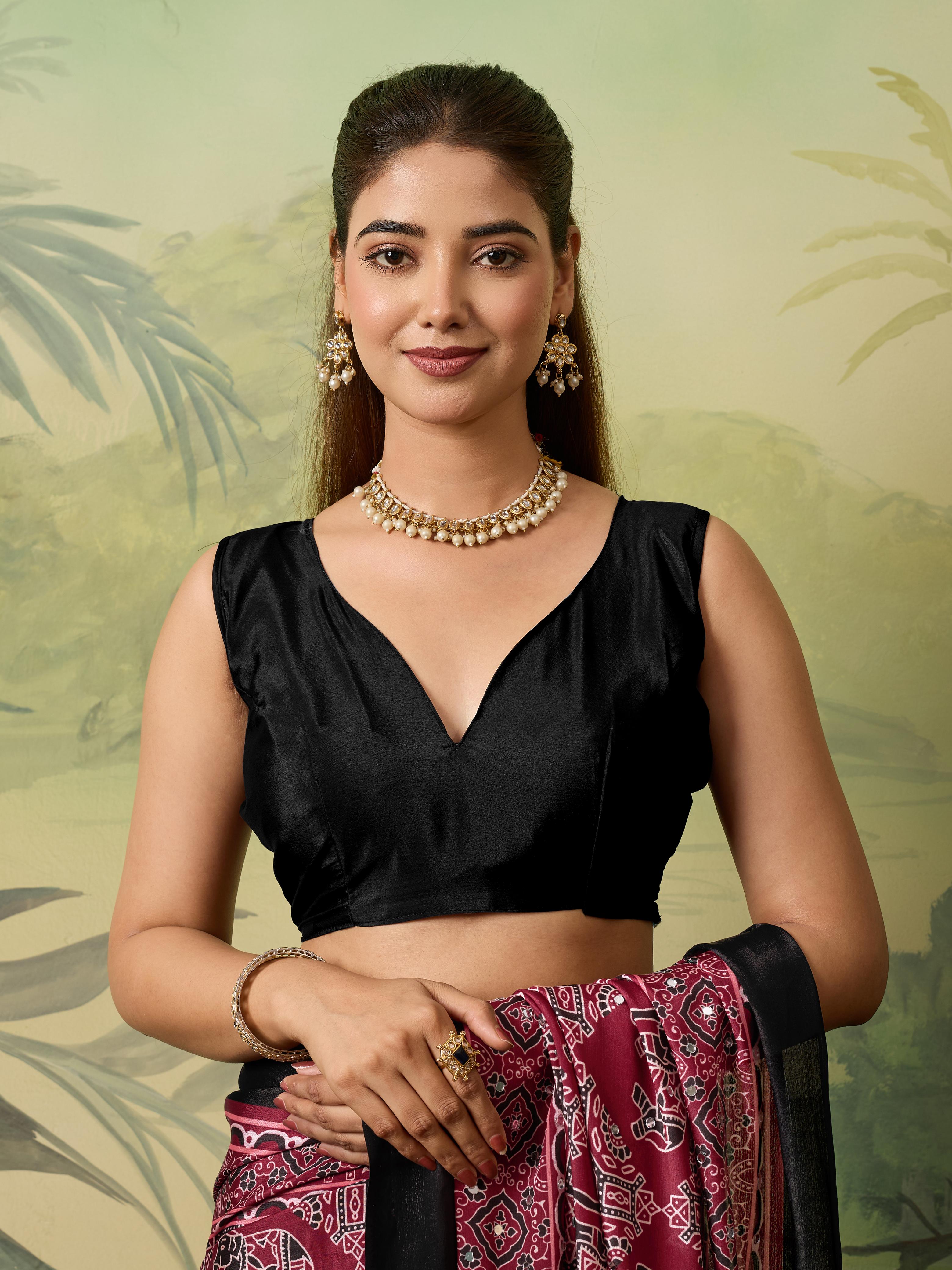 Ajrak Mirror Work Saree with Fancy Blouse – Maroon Black Traditional Printed Saree