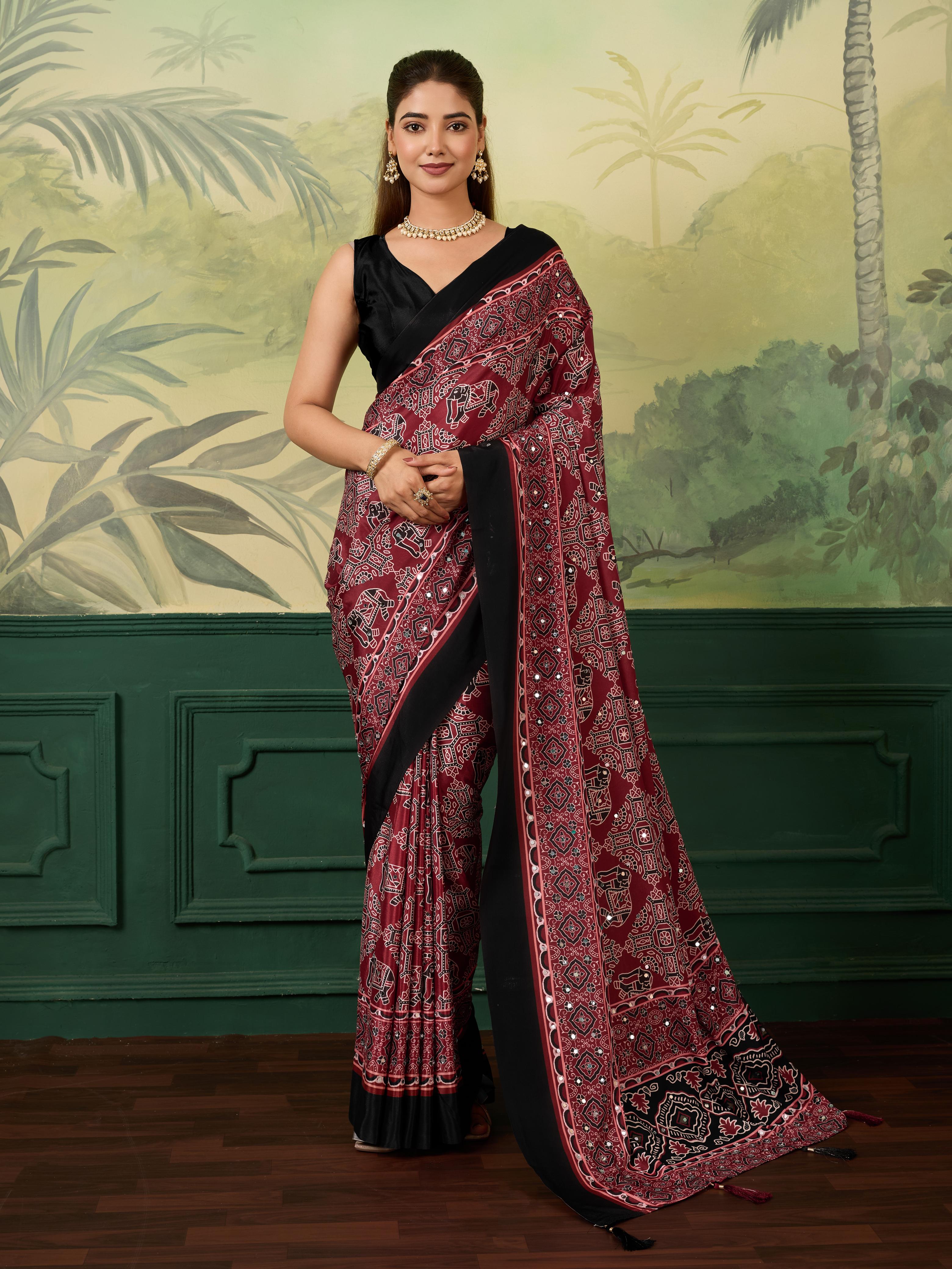 Ajrak Mirror Work Saree with Fancy Blouse – Maroon Black Traditional Printed Saree