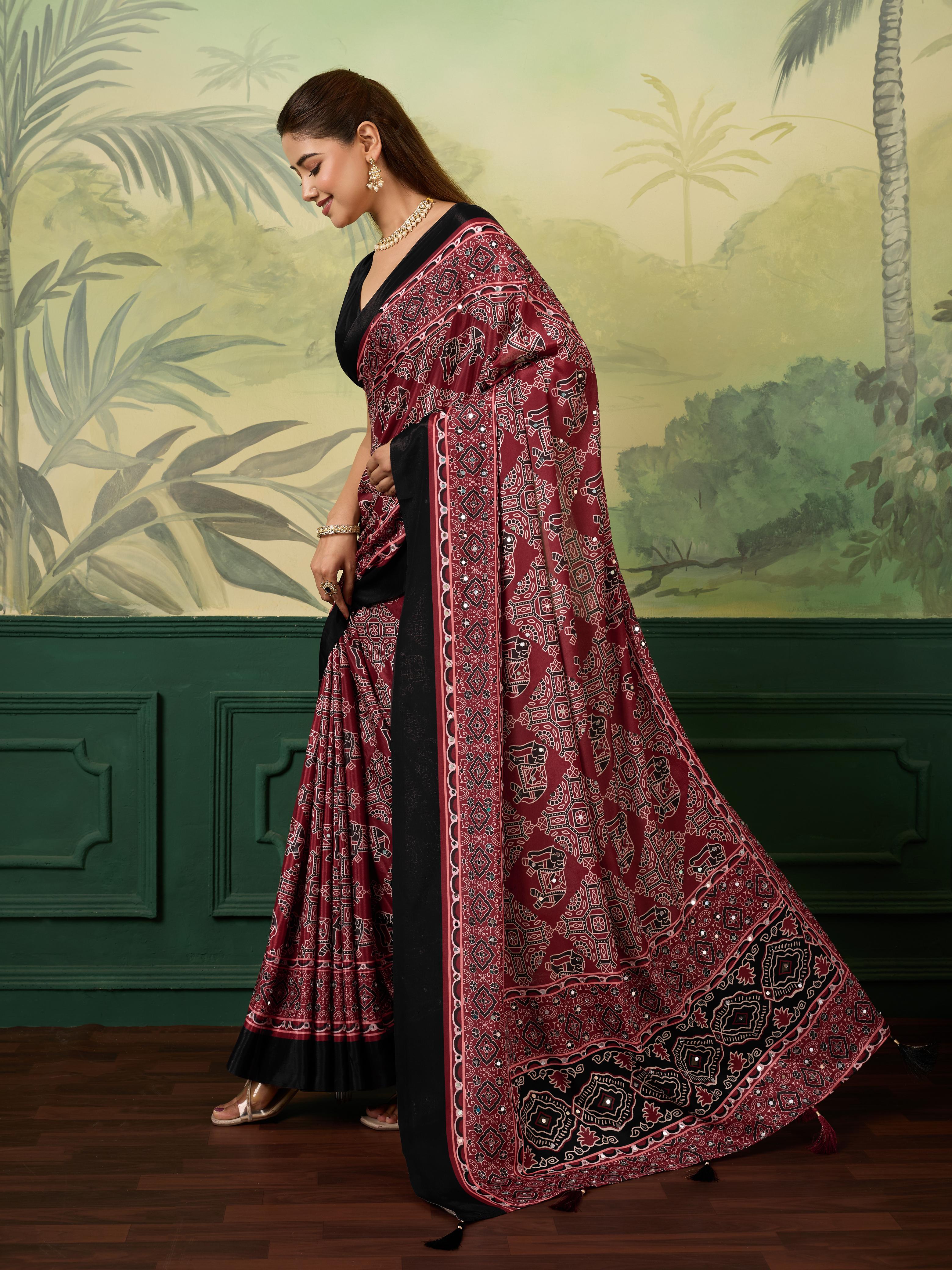 Ajrak Mirror Work Saree with Fancy Blouse – Maroon Black Traditional Printed Saree