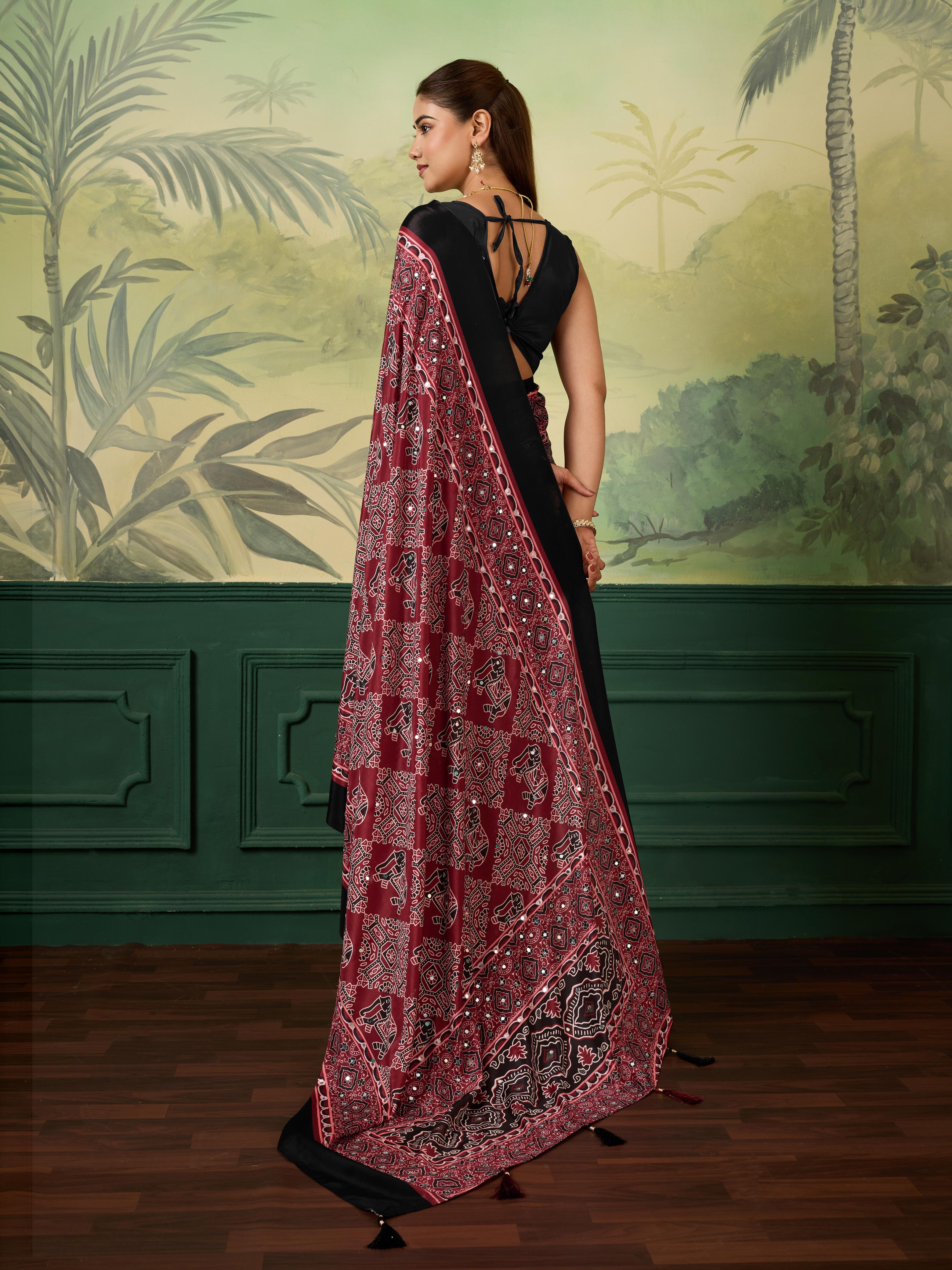 Ajrak Mirror Work Saree with Fancy Blouse – Maroon Black Traditional Printed Saree