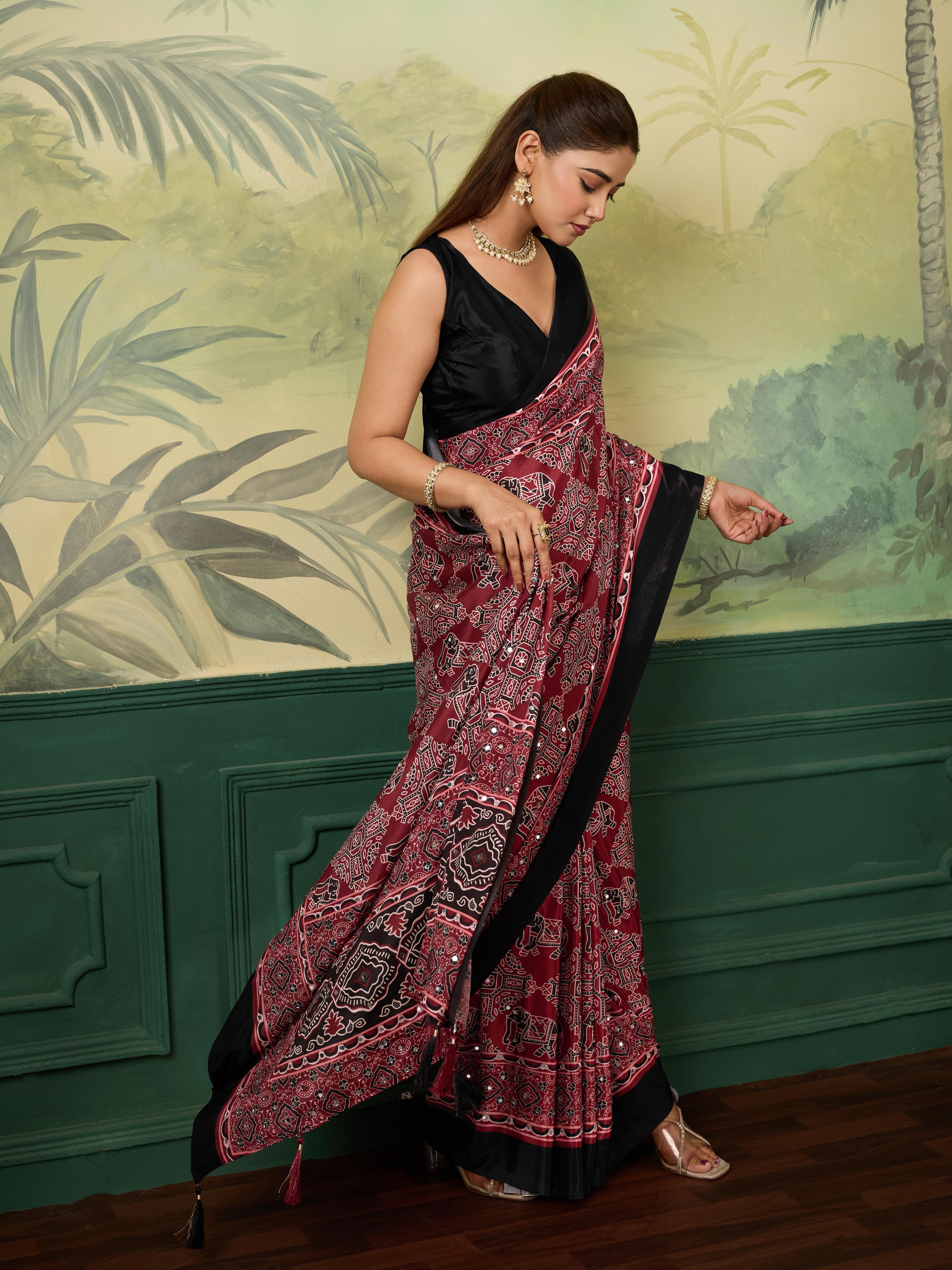 Ajrak Mirror Work Saree with Fancy Blouse – Maroon Black Traditional Printed Saree