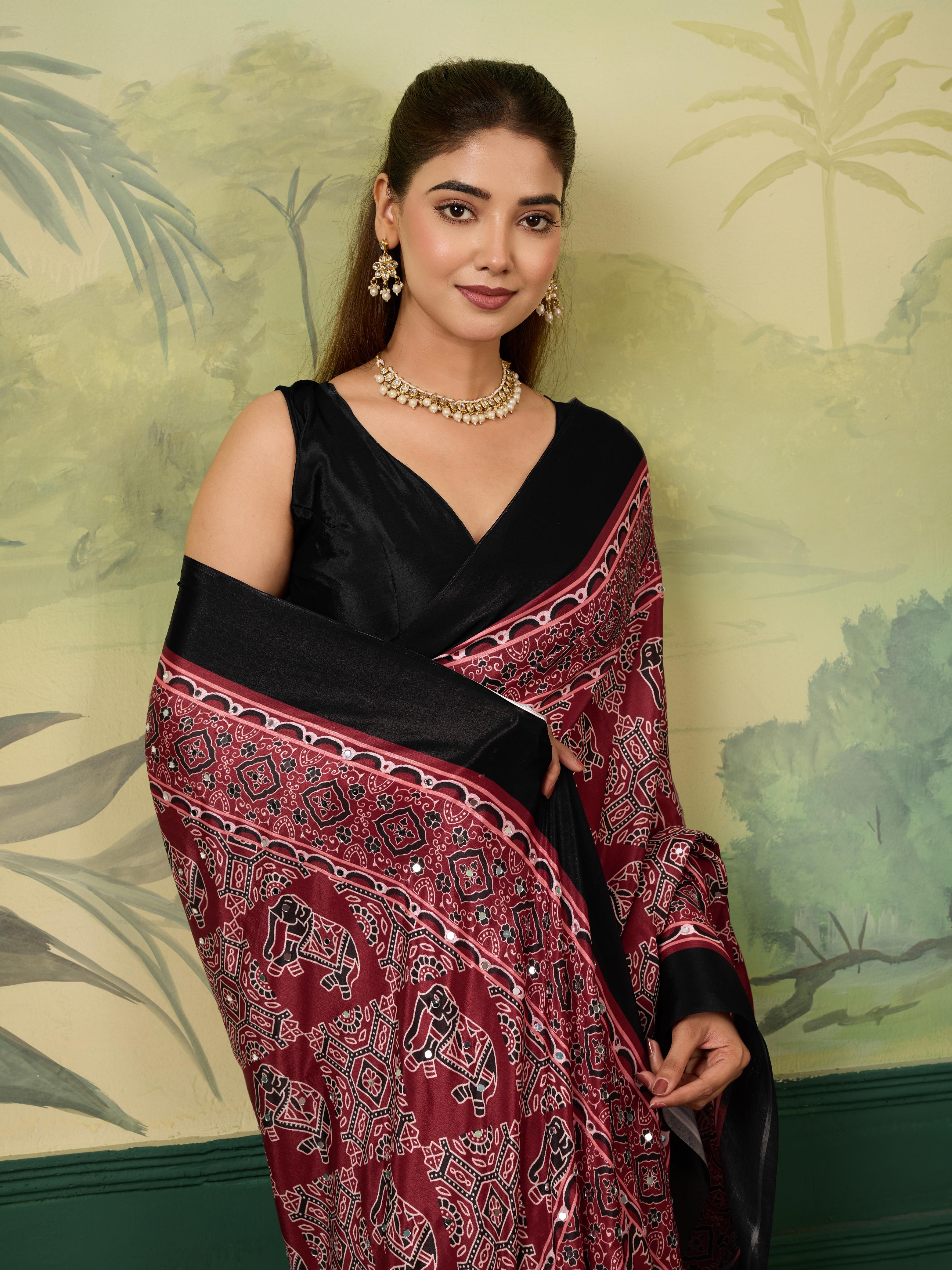Ajrak Mirror Work Saree with Fancy Blouse – Maroon Black Traditional Printed Saree