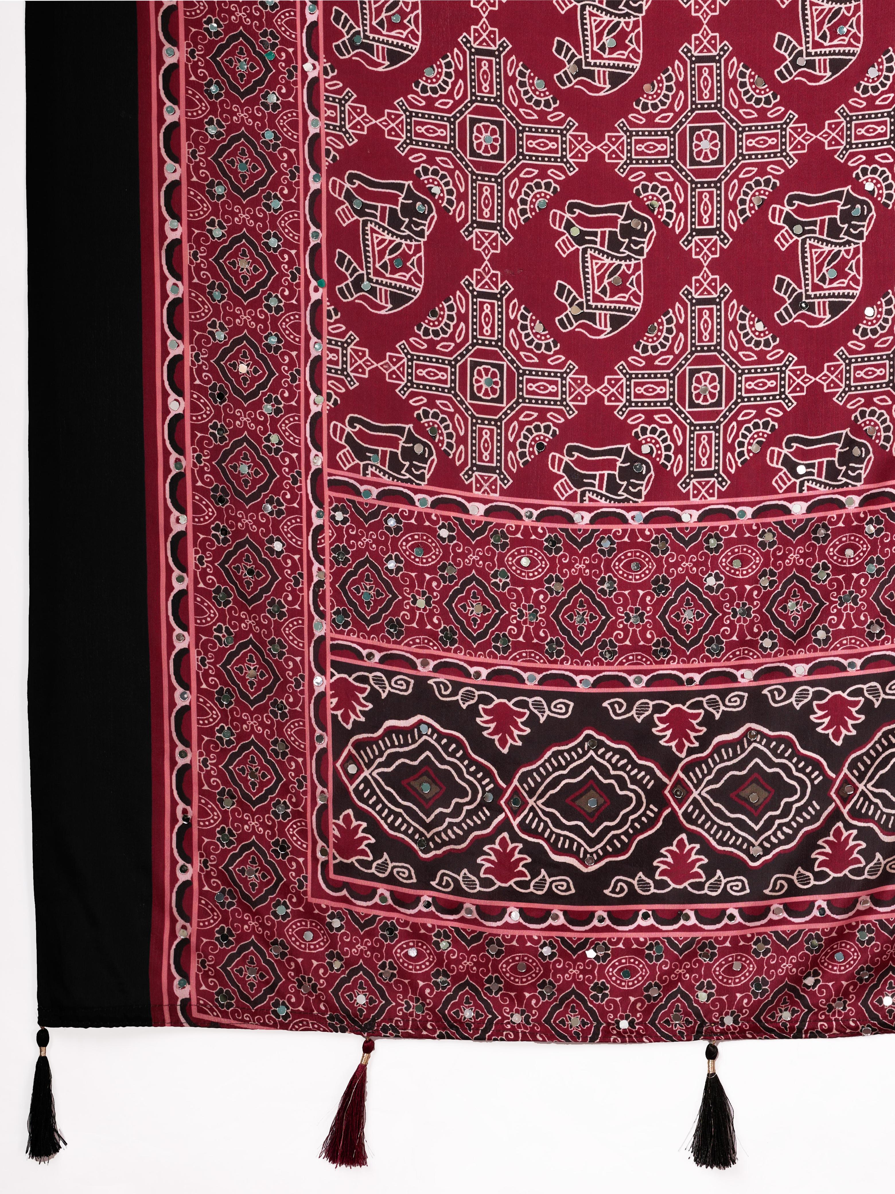 Ajrak Mirror Work Saree with Fancy Blouse – Maroon Black Traditional Printed Saree