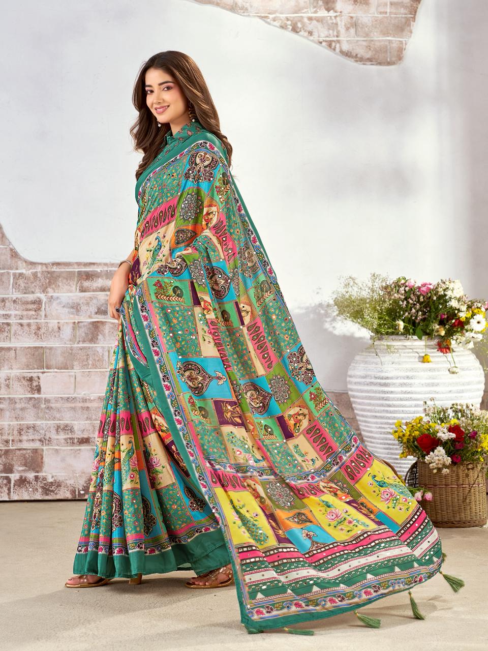 Green Silk Saree with Digital Print & Mirror Work – Fancy Blouse Included