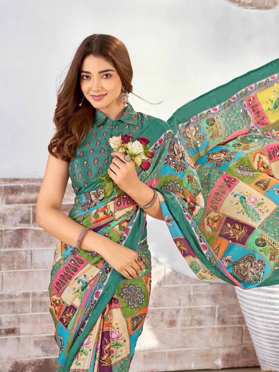Green Silk Saree with Digital Print & Mirror Work – Fancy Blouse Included
