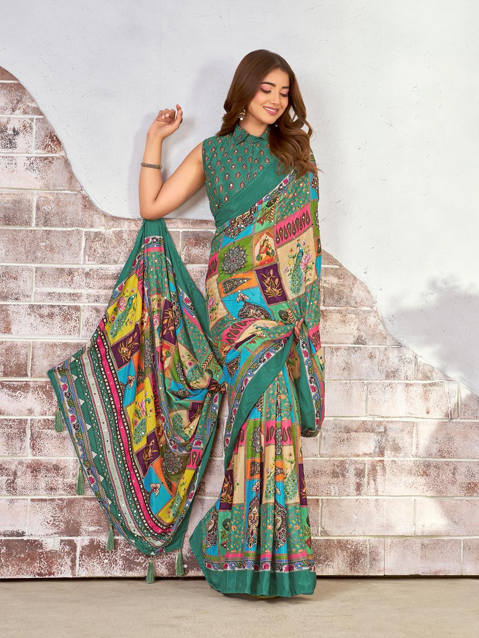 Green Silk Saree with Digital Print & Mirror Work – Fancy Blouse Included
