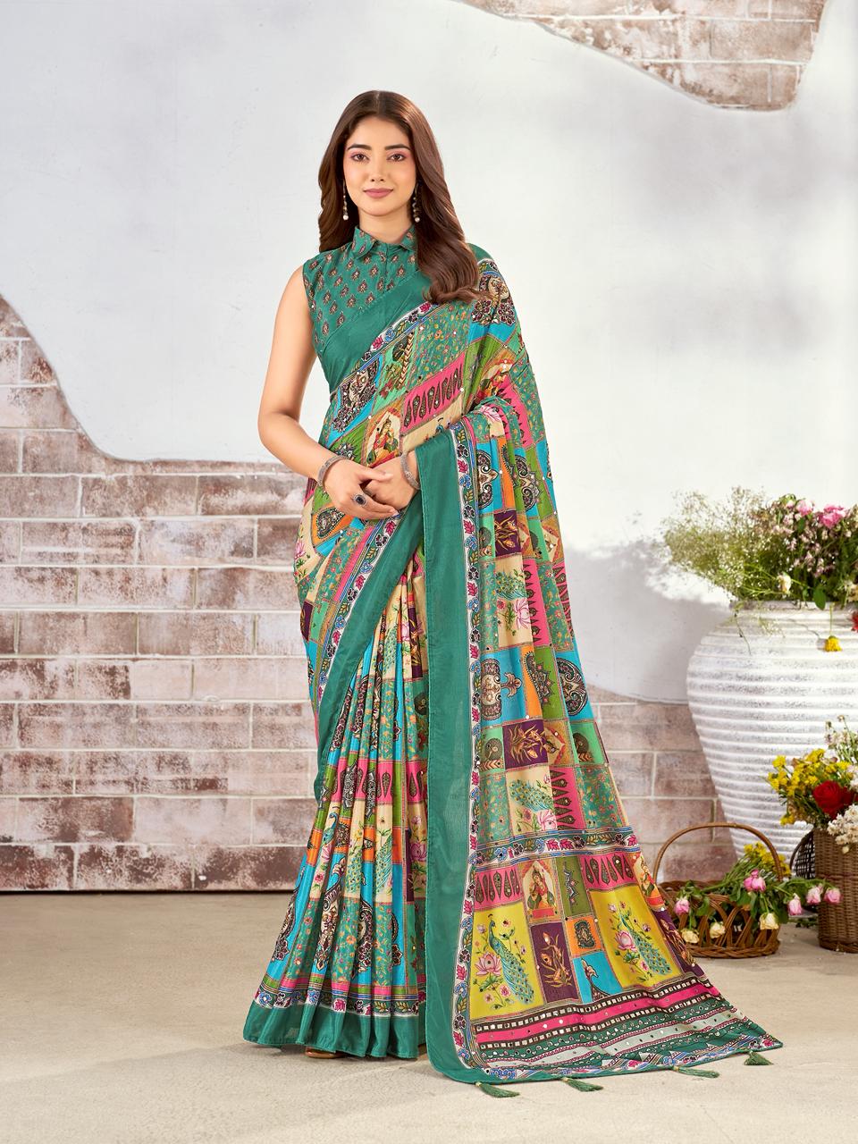 Green Silk Saree with Digital Print & Mirror Work – Fancy Blouse Included